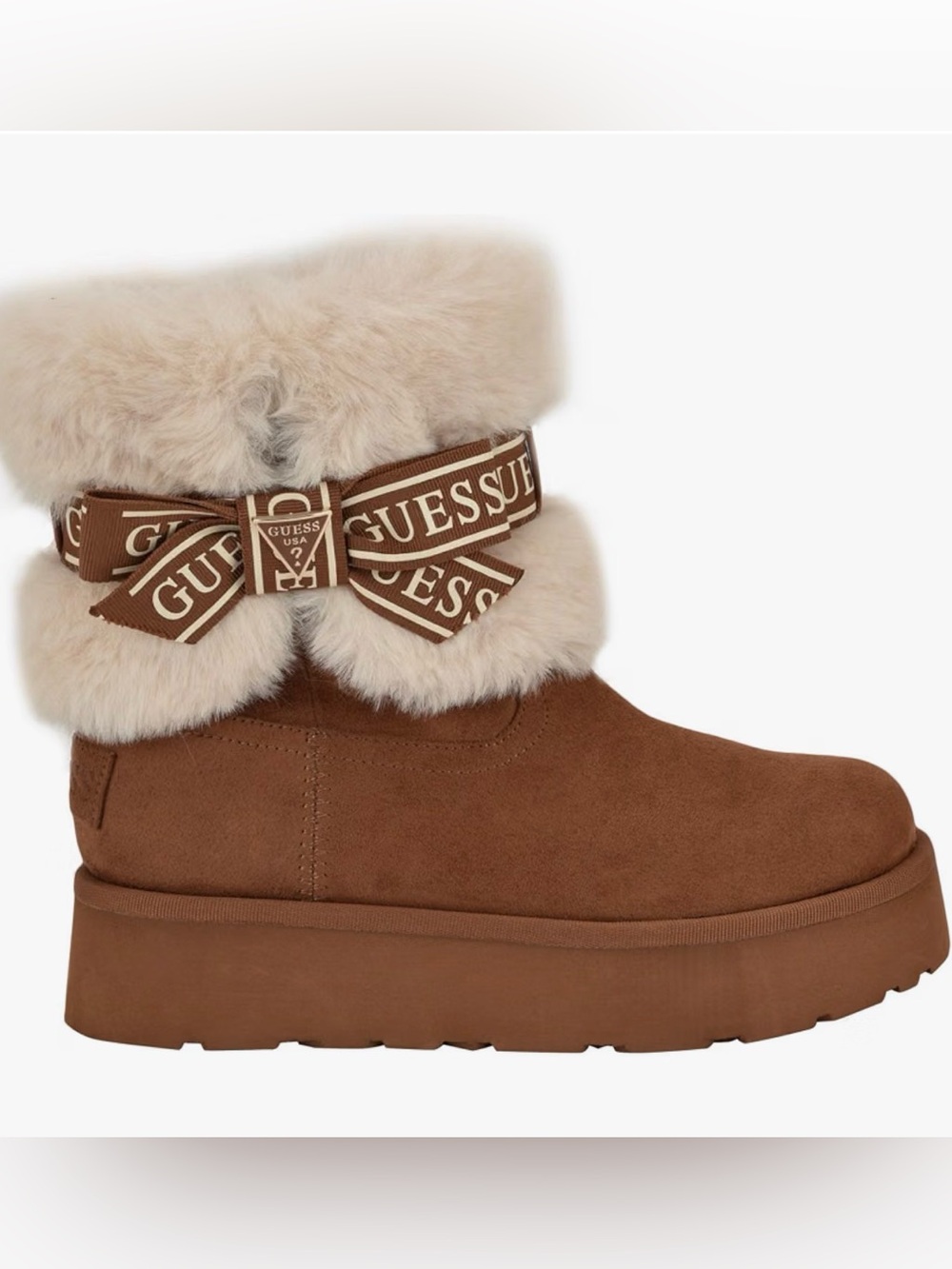 GUESS Denla Brown Platform Boots 🤎 Cream Faux Fur & Logo Bows – Size 8